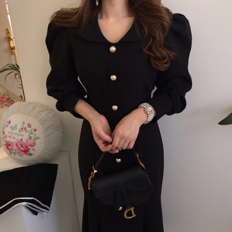 

Vintage Summer New Fashion Brand Korean Style Ruffle Long-Dress Long Sleeve Button Fishtail Dresses Y845