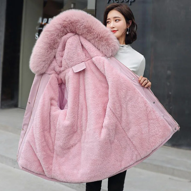 

Ladies Autumn Winter Jacket Women Velvet Liner Thicken Hooded Parkas Women Slim Fur Collar Warm Outerwear Women Coat Female