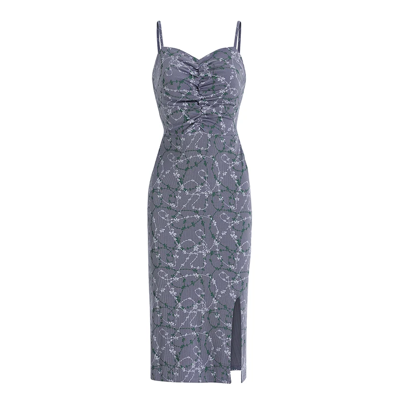 

COIGARSAM Floral Print Women dress New Summer Spaghetti Strap Dresses Blue 712