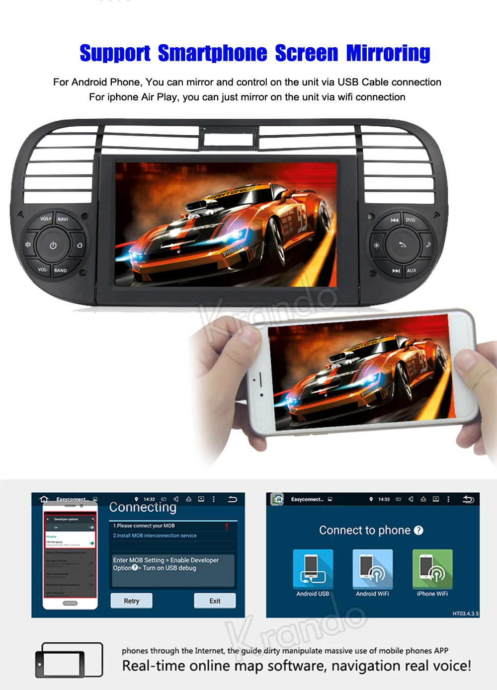 

Krando Android 8.0 6.2'' 32GB ROM car radio for Fiat 500 2007-2016 gps navigation player Steering wheel control wifi dab+