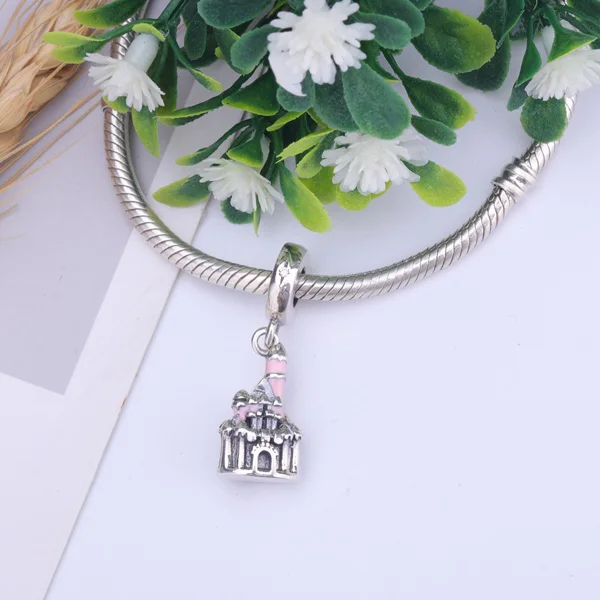  925 Sterling Silver Beads Charm Pink Castle Enamel Pendent Fit Pandora Original Bracelets &amp Necklaces Women Jewelry | Украшения и