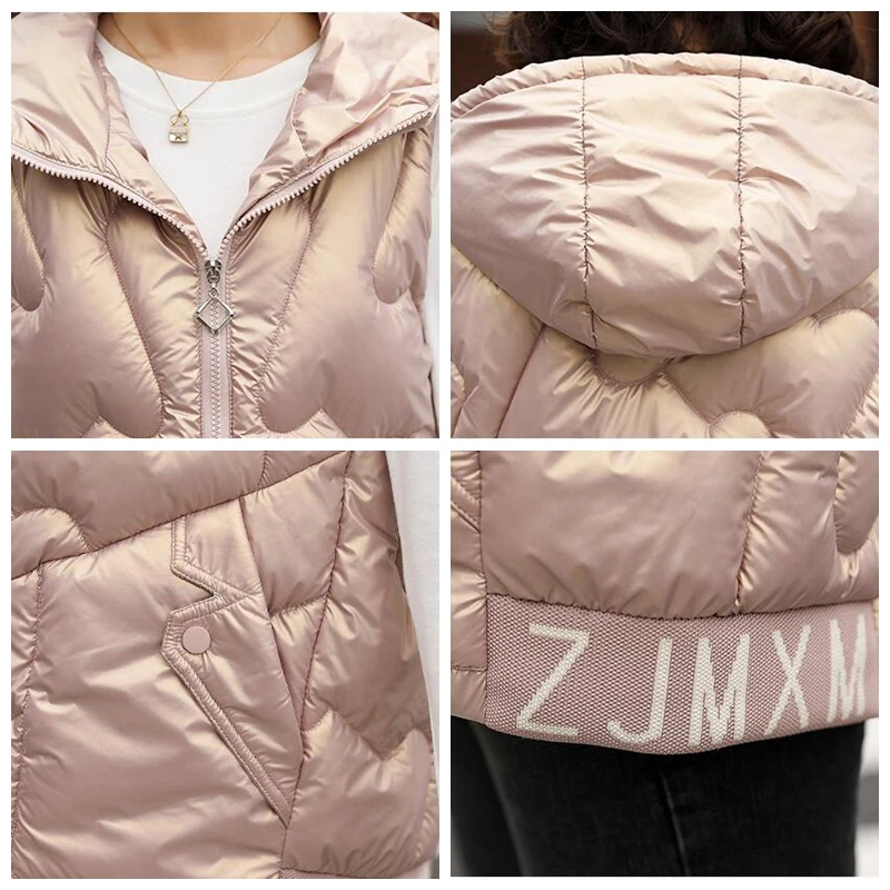 

2021 Autumn Hooded Down Cotton Vest Sleeveless Jacket Women Short Winter New Glossy Elegant Slim All-match Large Size Waistcoat