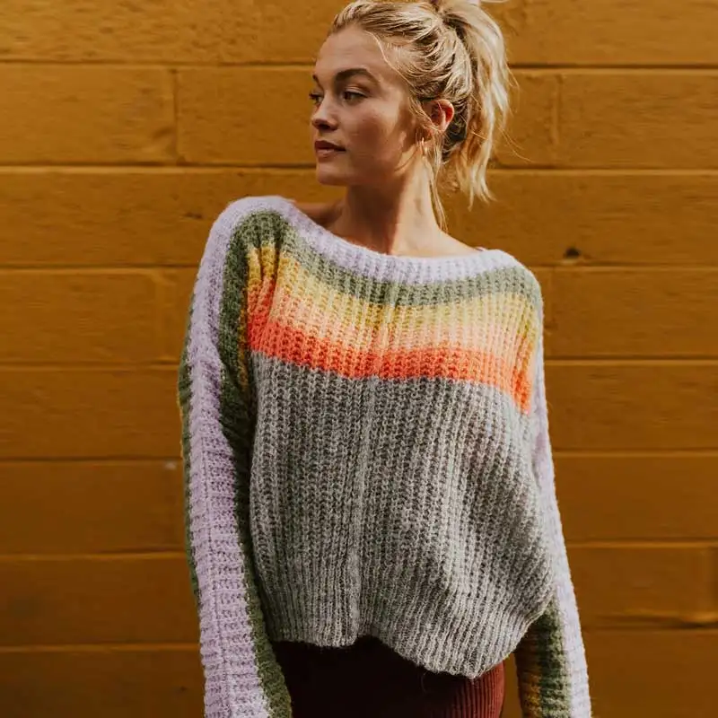 Boho Inspired Rainbow Sweater women casual long sleeve oversized pullover fashion stripe sweater 2019 new jumper female | Женская одежда
