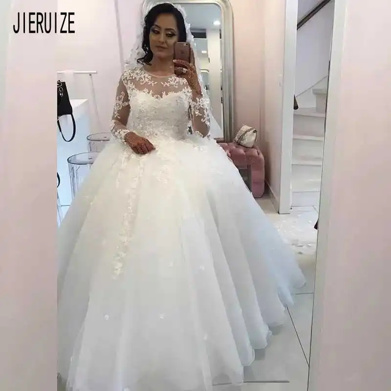 

JIERUIZE Modest Ball Gown Wedding Dresses O Neck Long Sleeves Appliques Lace Up Back With Beaded Bridal Gowns Vestios De Noiva
