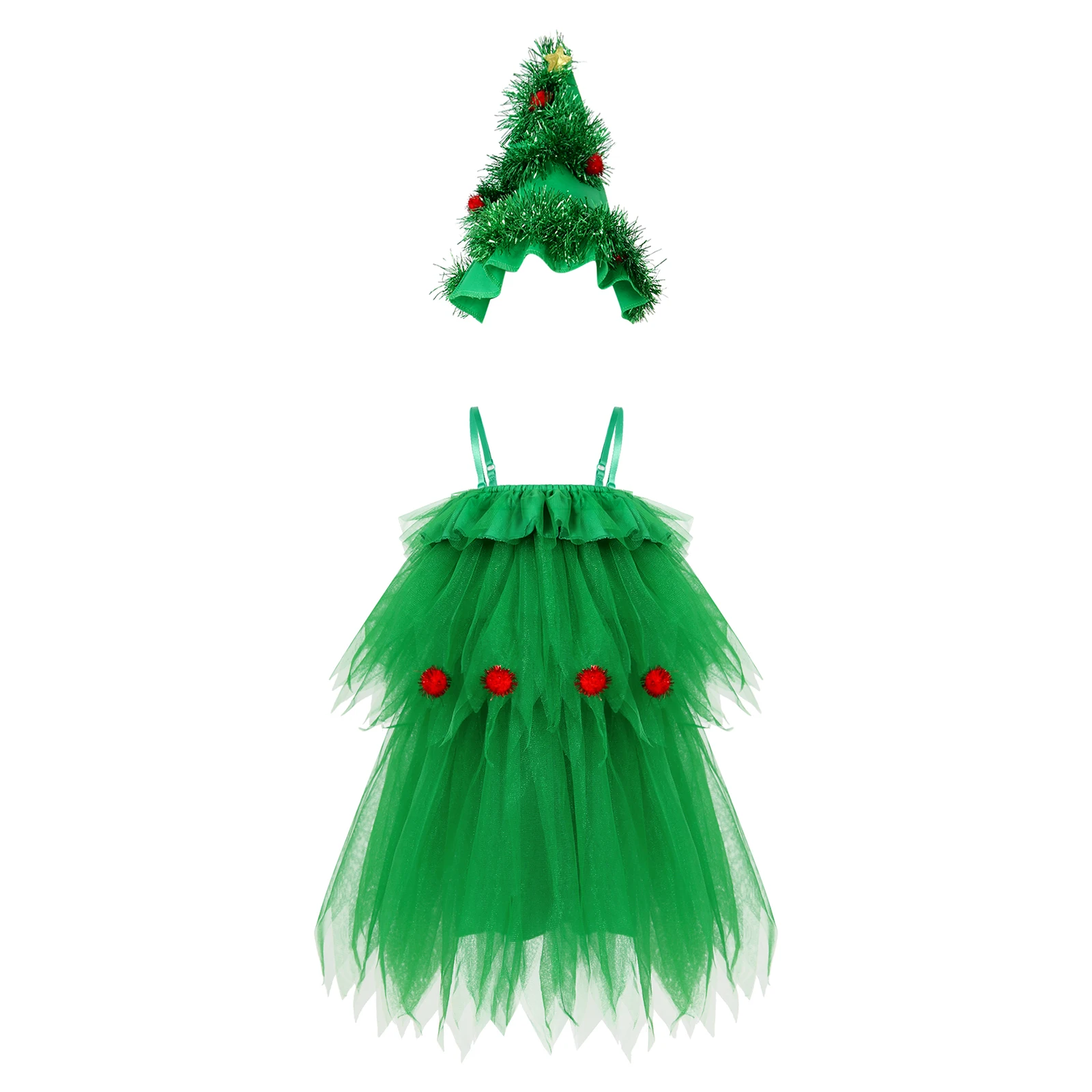 

Kid Girl Green Christmas Elf Cosplay Costume Layered Mesh Cami Dress for Teenager Ballet Performence Party Outfits Xmas Elf Gift