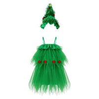 kid green christmas elf clothing spaghetti straps tinsel balls adorned layered mesh cami dress with hat for ballet dance tutu