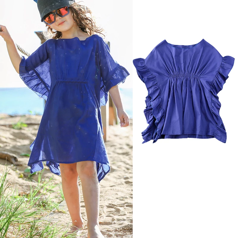 2020 летнее пляжное платье для маленьких девочек топы 0 4 лет Синяя пляжная одежда с