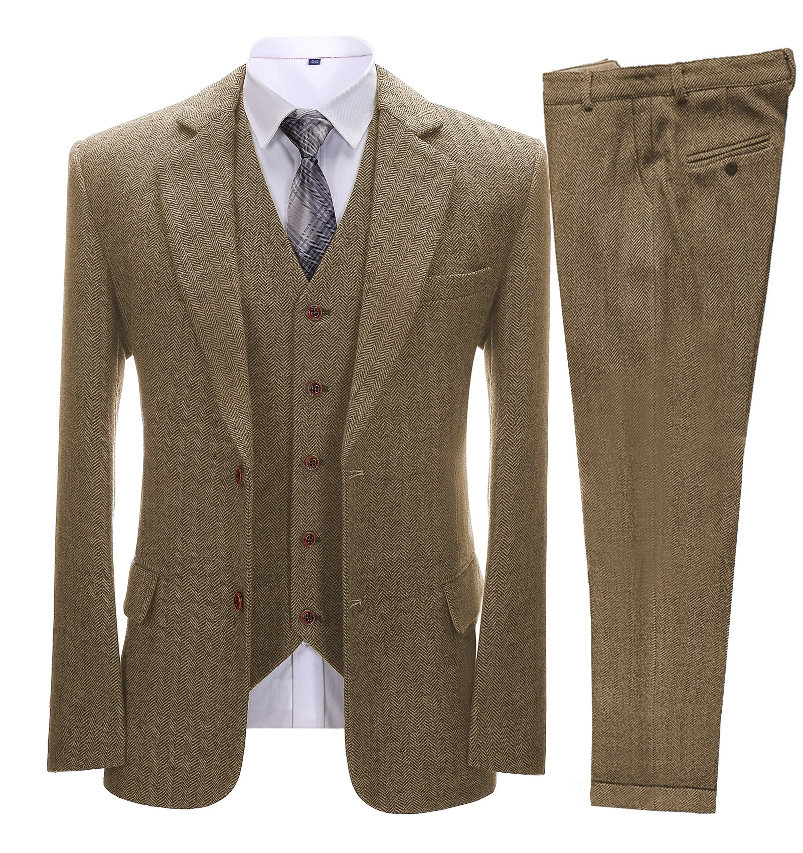 Brown Men's Vintage Suits 3 Pieces Latest Coat Designs Herringbone Tweed Tuxedo Winter Formal Wedding Suits (Blazer+Vest+Pants)