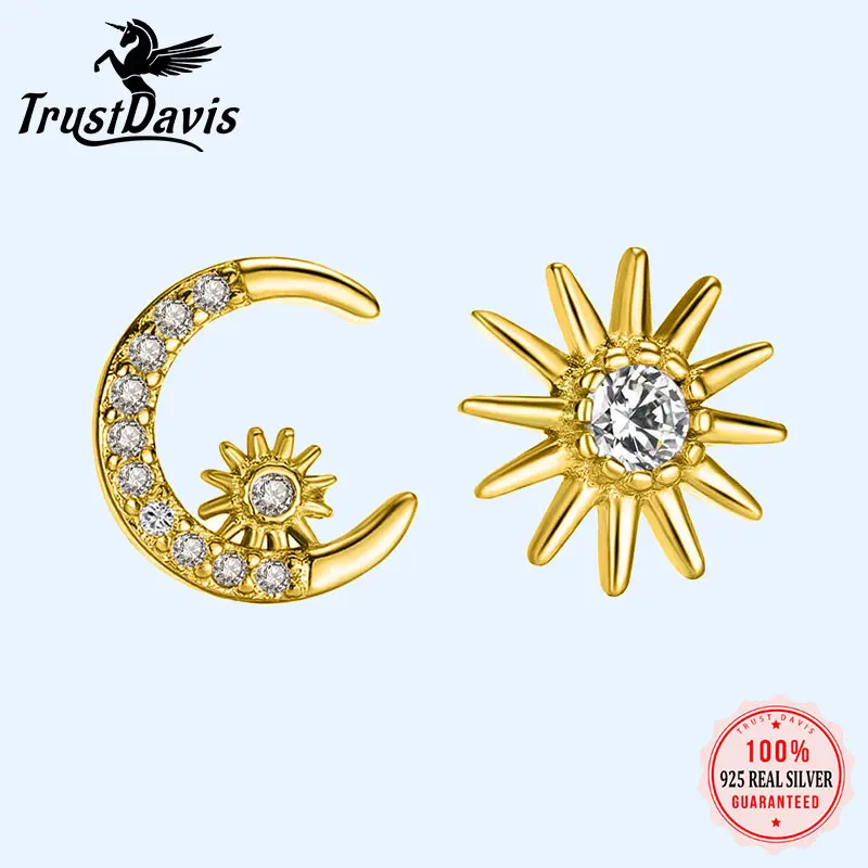 

TrustDavis Real 925 Sterling Silver Sweet Asymmetry Dazzling CZ Moon Star Stud Earring For Women Party Fine Jewelry Gift DB1235