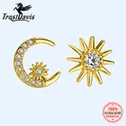 TrustDavis реальные 925 пробы серебро милые Асимметричные носочки для ослепительно CZ Луна, Звезды серьги-гвоздики в виде капель с кристаллами в форме Для женщин вечерние ювелирные украшения подарок DB1235