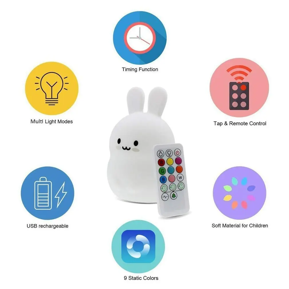 Rabbit LED Night Light Touch Sensor Remote Control 8 Colors Dimming Timer USB Rechargeable Silicone Bunny Lamp for Children Baby | Лампы и