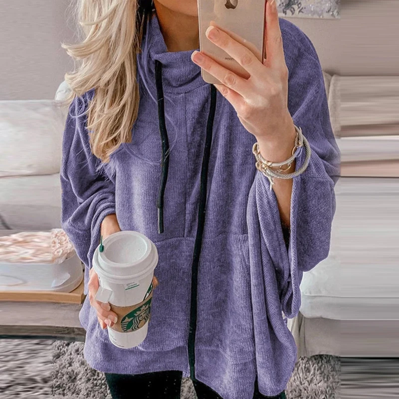 Purple ELSVIOS 5XL, Женская толстовка с длинным рукавом «летучая мышь», Осень-зима, водолазка, теплые толстовки, повседневные, одноцветные, с карманами, на завязках, топ, джемпер - Цвет: Purple