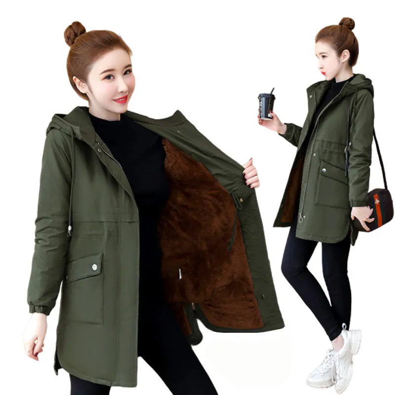 Autumn Winter Windbreaker 2019 Women Coat Thick Warm Plus Velvet Jackets Female Long Hooded Coats Outerwear Army Green | Женская одежда