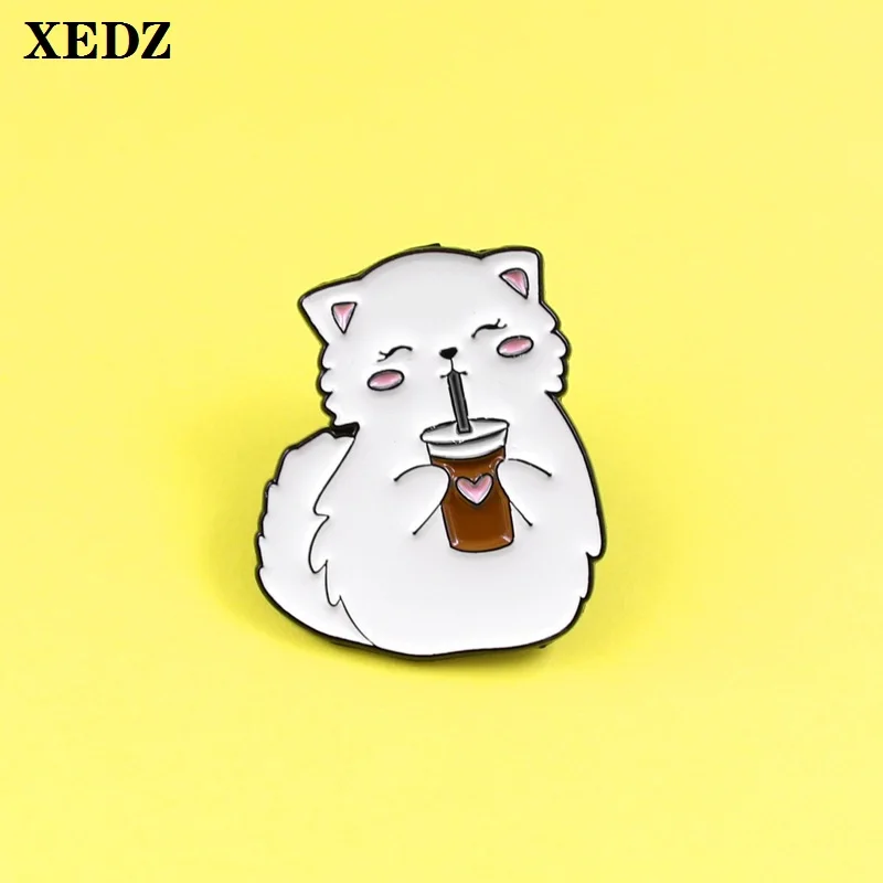

XEDZ cute white cat kitty enamel pin love Coke cup animal pushpin lapel bag clothes brooch jewelry special gifts for children