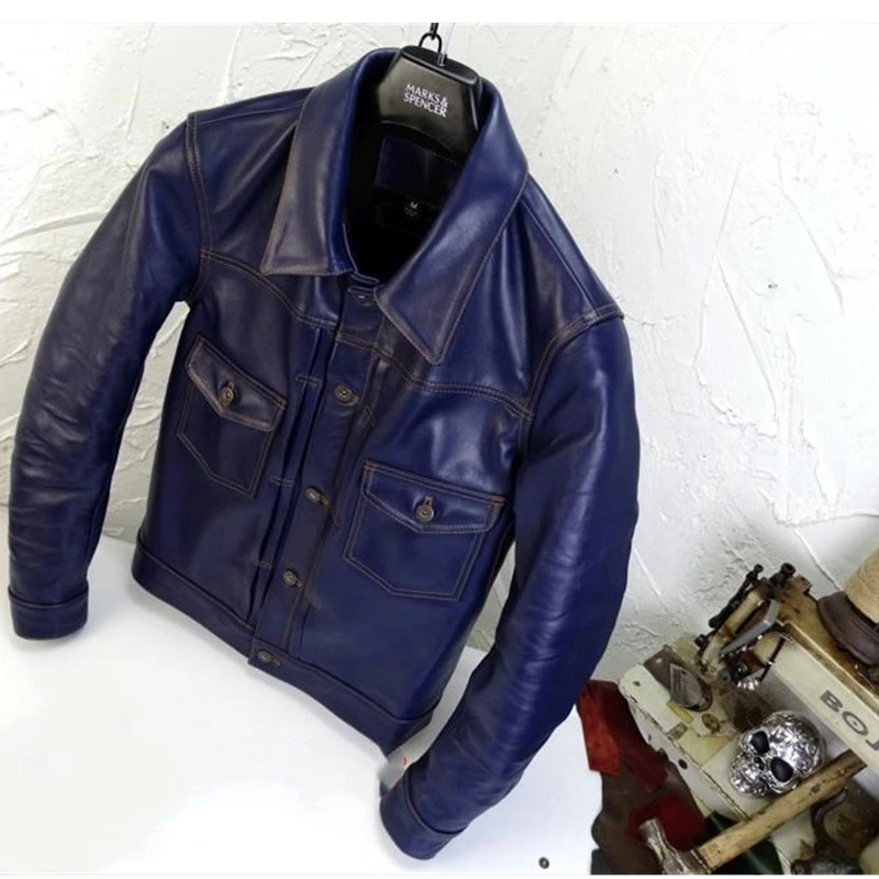 

Men 2020 Blue Japan Style Slim Fit Casual Leather Jacket Single Breasted Plus Size XXXXL Genuine Cowhide Short 507X Leather Coat