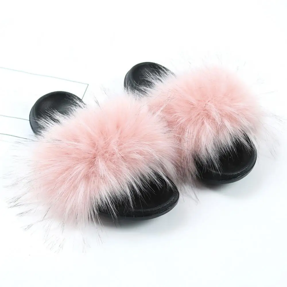 

Fashion Women Long Faux Raccoon Fur Anti-slip EVA Slippers Indoor Fuzzy Sandals