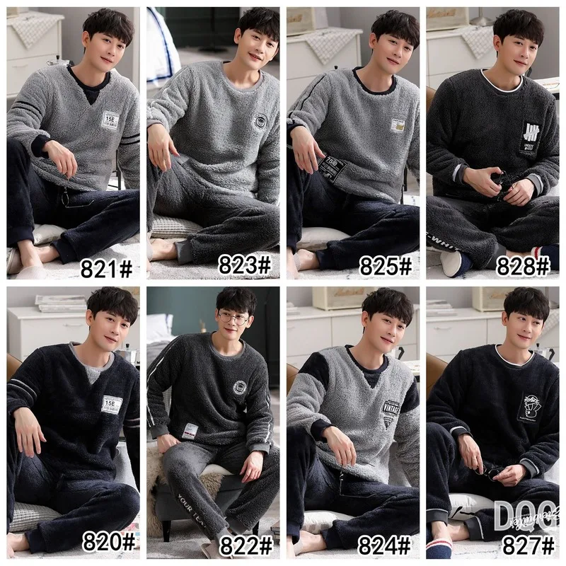 Winter Men's Pajamas Suit Flannel Sleepwear Fashion Letter O-Neck Pyjamas Thick Warm Mens Lounge Wear Korean Homewear Nightwear