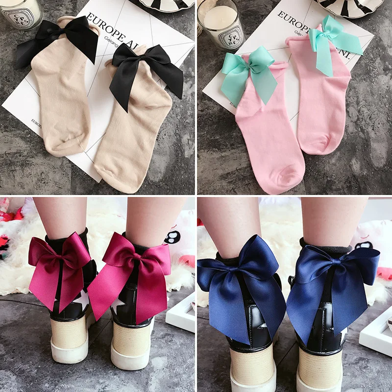 

Spring Thin Women's Lovely Socks Roll Edge Bowknot Decoration Cotton Lolita Girlish Multi-Color Fashion Accessories Kawaii Socks