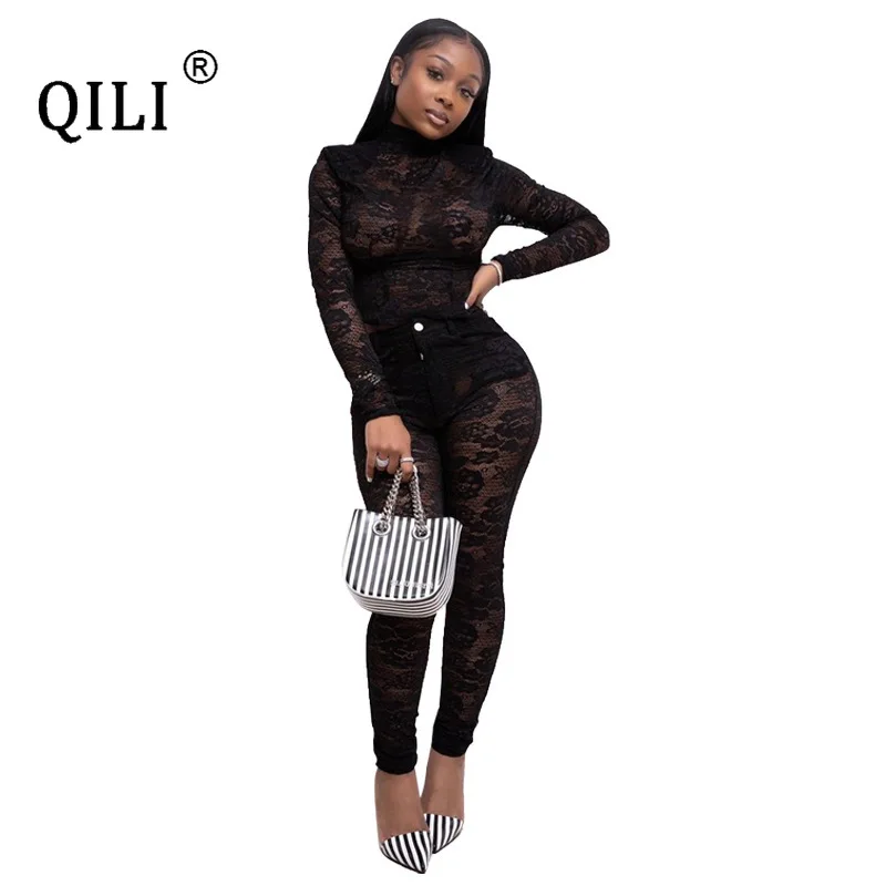 

QILI See Through Lace Jumpsuits for Women Rompers Long Sleeve Top and Pants 2 Piece Set Outfits Womens Night Club Jumpsuit