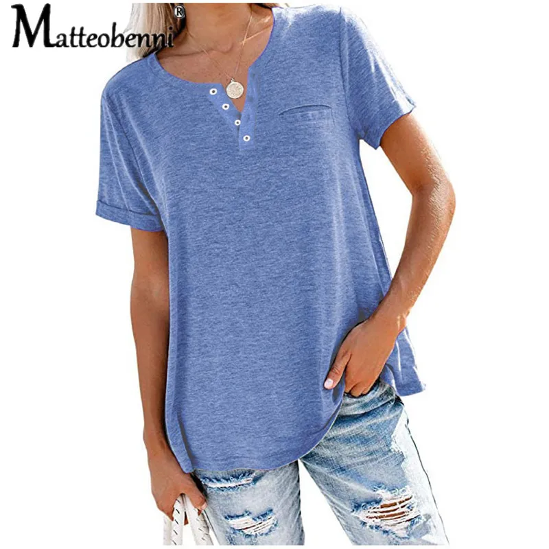 

2021 New Women T Shirt Fashion Solid Color V-Neck Slim Tee Shirt Summer Short Sleeve Chest Pockets Tops Casual Black Street Top