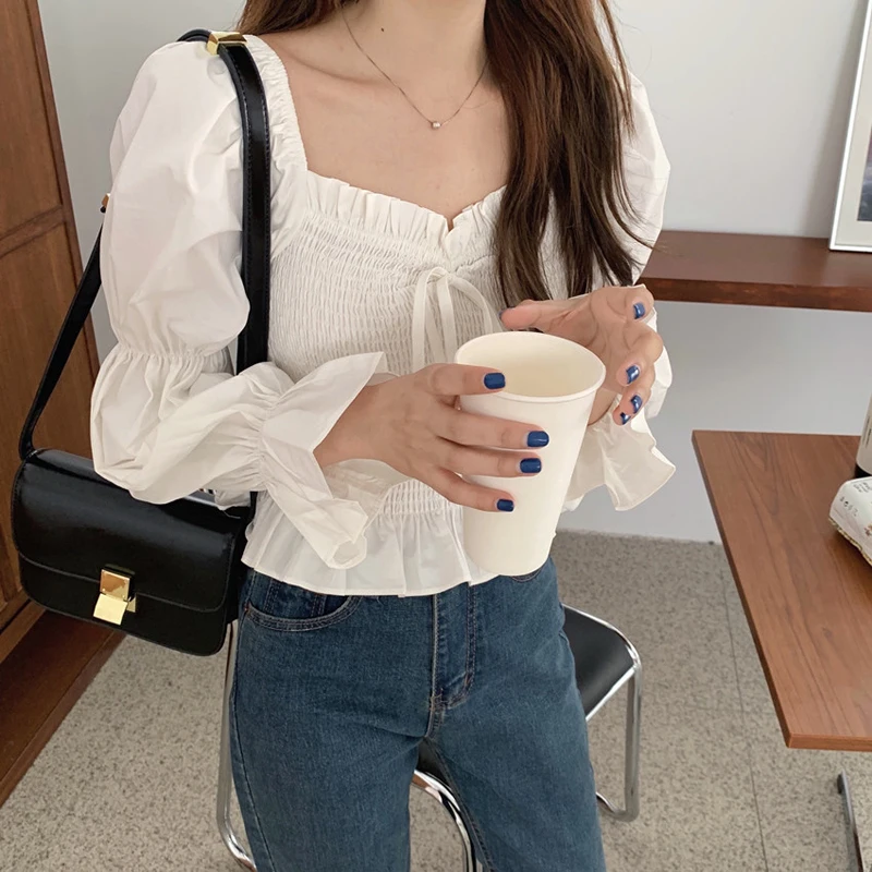 

Alien Kitty 2021 Sexy Sweet All-Match Casual French Female Women Square Collar Loose Puff Sleeves Short Shirts Solid Tops