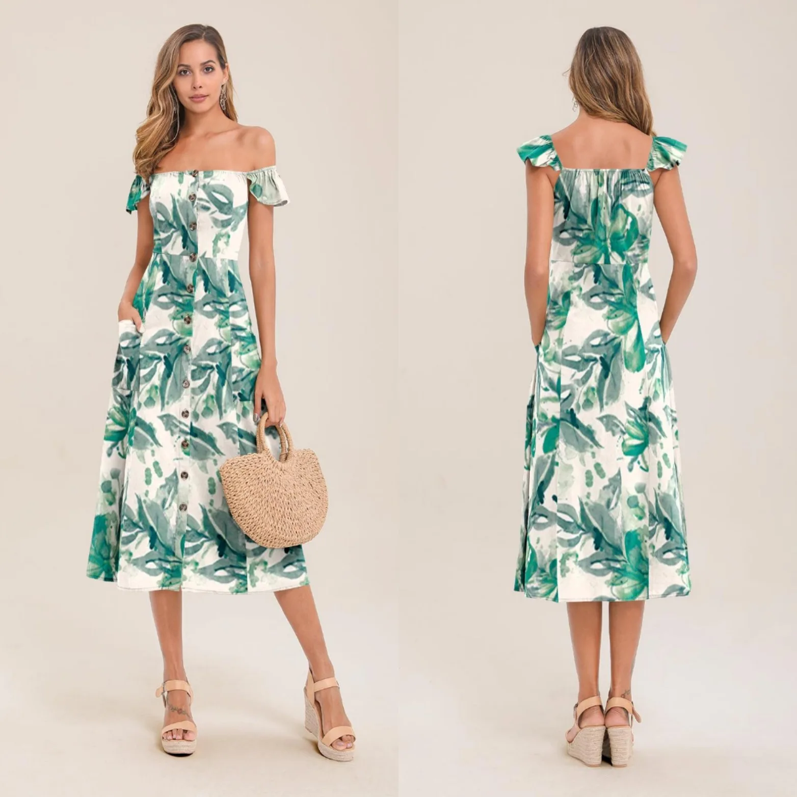 

Summer Dress SexyKorean fashionWomen's Clothing off-Shoulder Single-Breasted Tube Top Printed Dress 29146robe