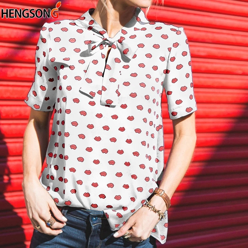 Шифоновая блузка Для женщин Повседневное на шнуровке с бантом короткий рукав