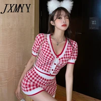 2021 fashion new red and white plaid summer knitted suit short sleeved knitted top shorts waist slim women jxmyy