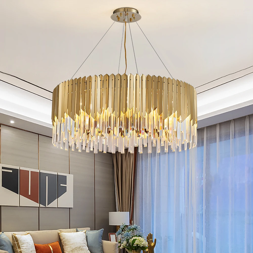 Candelabro Led moderno para sala de estar, accesorio de luz colgante de cocina de cristal redondo de acero inoxidable dorado para dormitorio