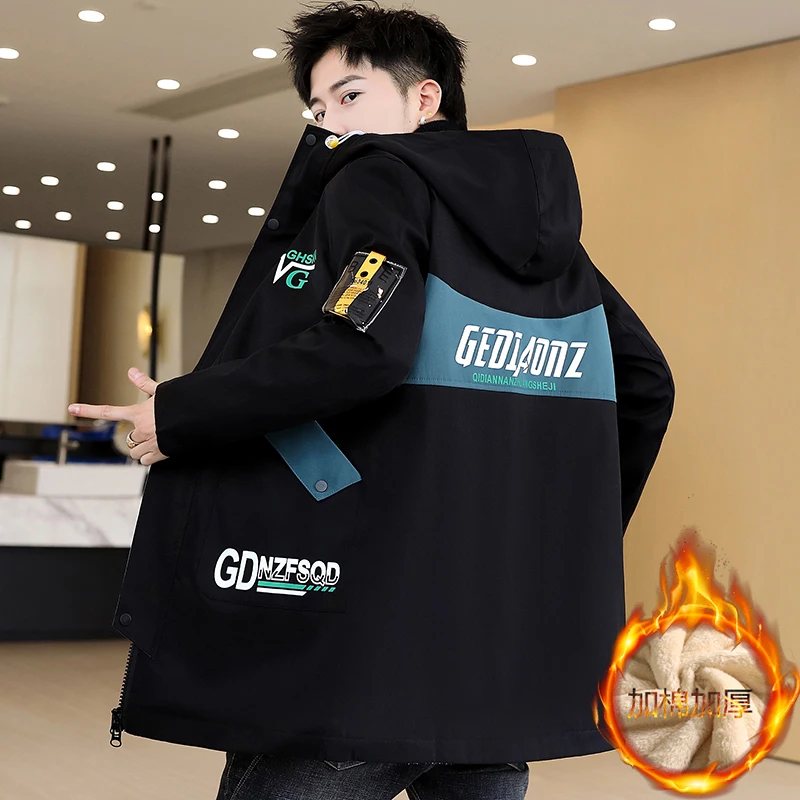 New Autumn Winter Mid-Long Length Fleece Hooded Jackets Men's Thick Warm Windbreaker Streetwear Plush Lining Tops Coat For Youth