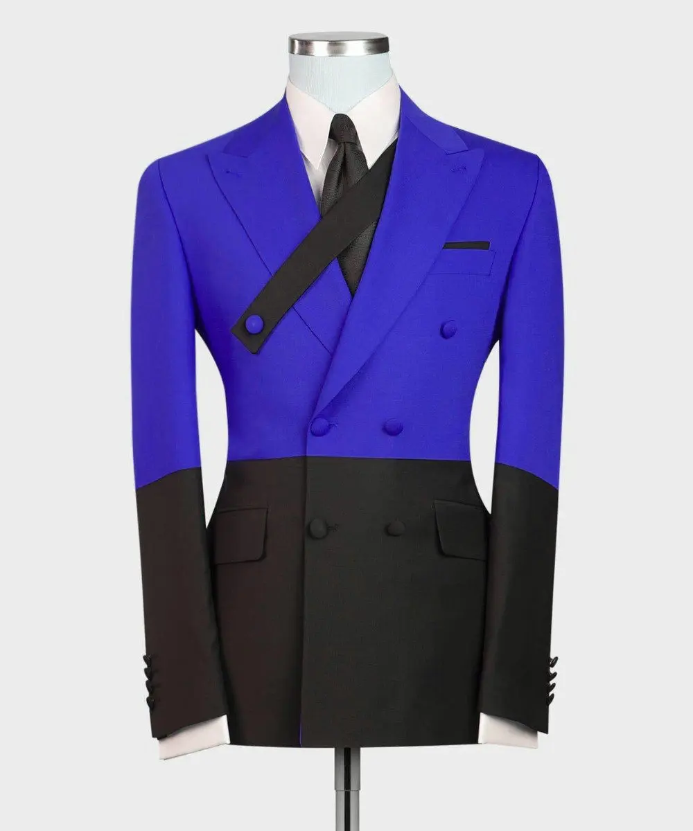 Royal Blue And Black Costume Homme Men Wedding Suit Slim Fit 2 Piece Double Breasted Tuxedo Groom Prom Best Man Blazer Masculino
