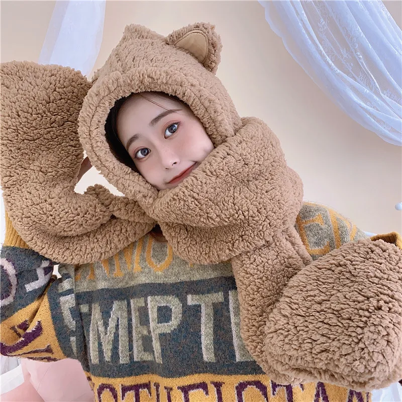 

Winter Women Novelty Hat Scarf Gloves Set Cute Bear Ear Fleece Scarves For Girls Warm Ladies Faux Fur Hats Solid Color Cap Set