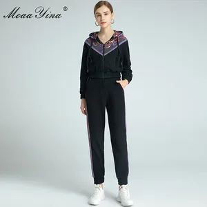MoaaYina, модный дизайнерский комплект, весна-осень, Женская куртка с длинным рукавом на молнии с капюшоном и воротником, топы + брюки для движения, комплект из двух предметов