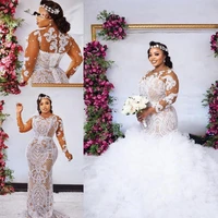 plus size mermaid lace wedding dresses detachable train long sleeves beaded african bridal gowns sweep train robe de mari%c3%a9e
