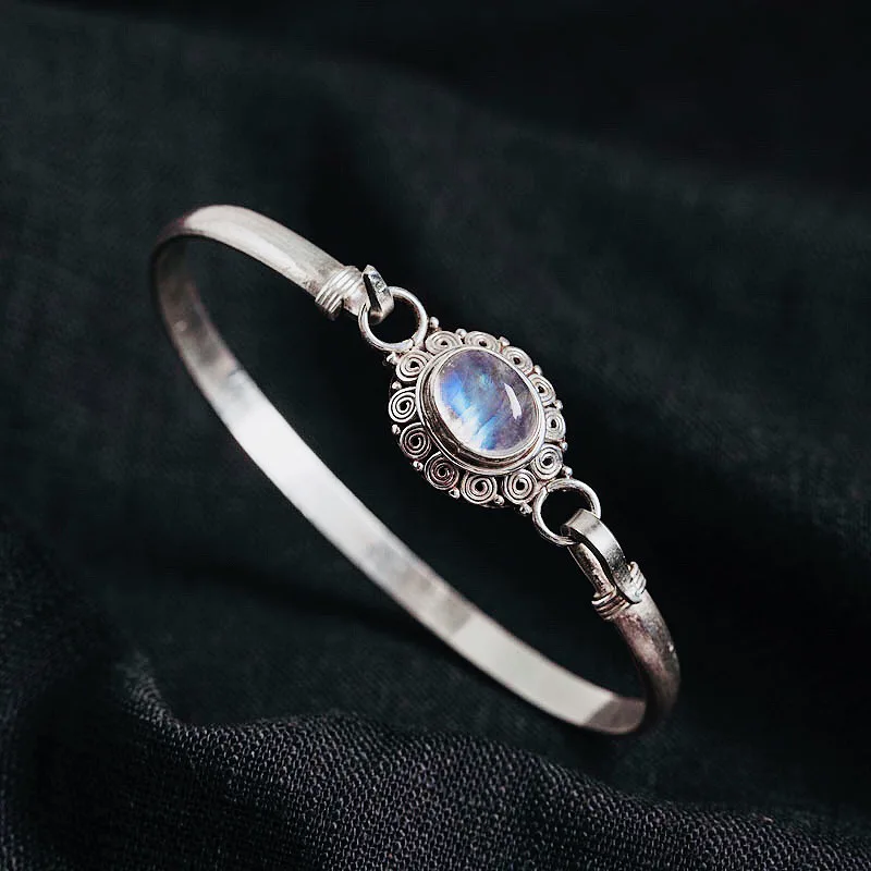 Nepalese handmade sterling silver blue moonstone bracelet inlaid with ladies opening