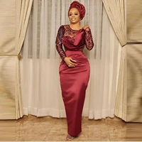 elegant long evening dresses satin long sleeves see thru appliques beaded mermaid aso ebi style prom party gowns