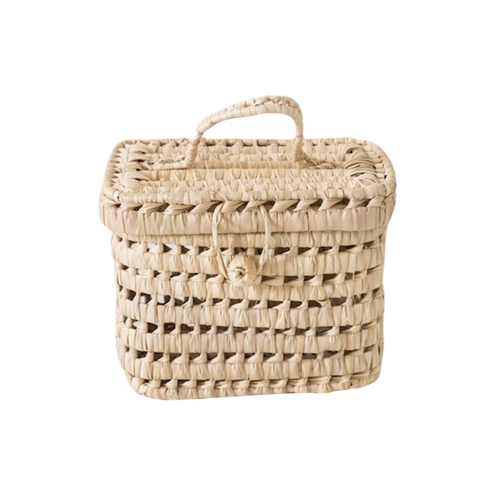 

Rustic Straw Woven Storage Basket With Lid Bathroom Decorative Toys Mini Desktop Container Living Room Square Photography Props