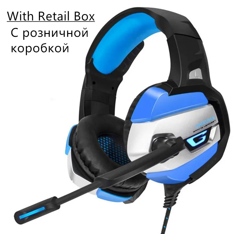 Игровая гарнитура ONIKUMA K5 PS4 розовый объемный звук бас наушники для ПК с микрофоном светодиодный свет для Xbox One/телефона/ноутбука планшета геймера - Цвет: Blue with Retail Box