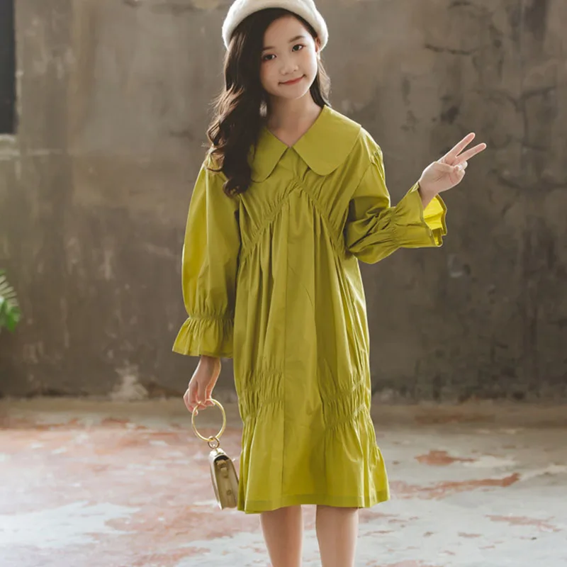 Green Yellow Asymmetrical Dresses For Teenage Girls Clothing Children Petal Sleeve Patchwork Dress Toddler Clothes 8 10 12 Years | Детская