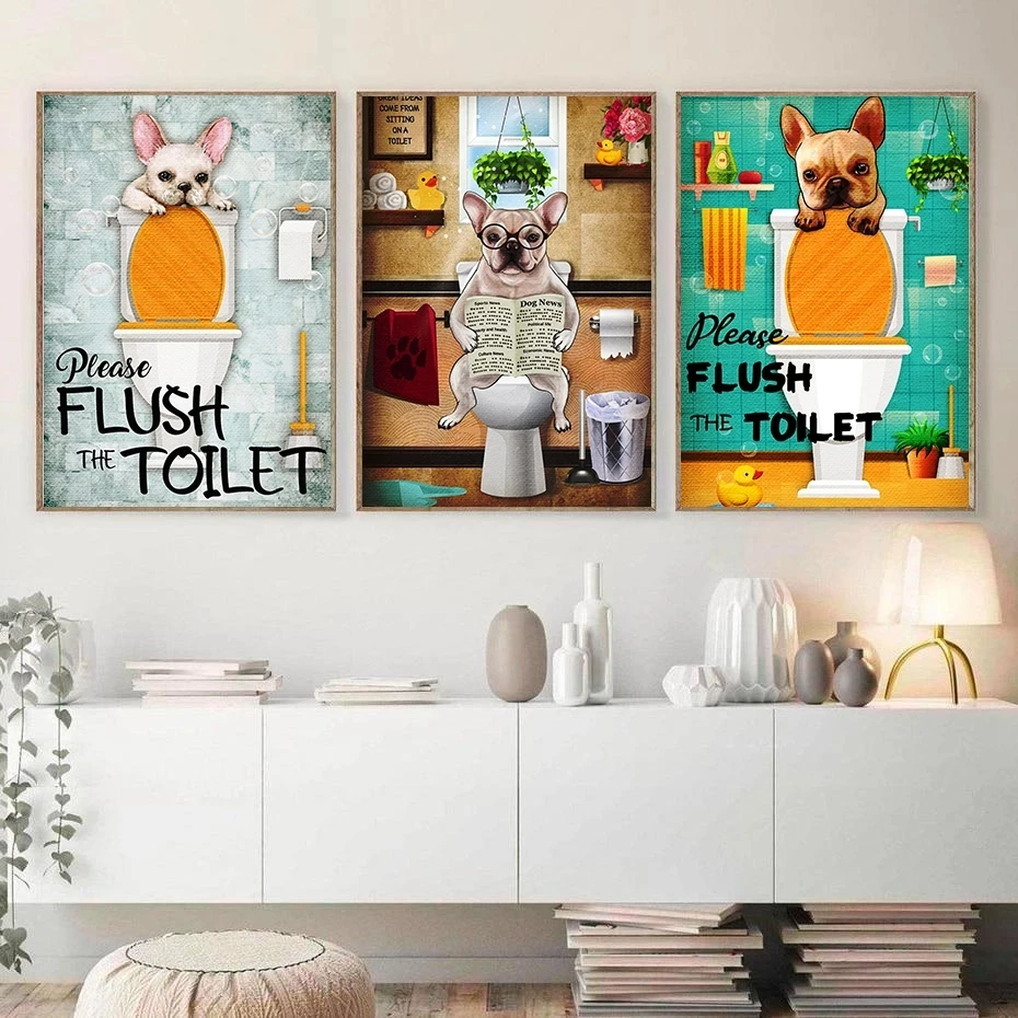 

Frenchie Please Flush the Toilet Quote Dog Animal Poster Funny Cartoon Picture Kids Room Bathroom Decor Wall Art Canvas Painting