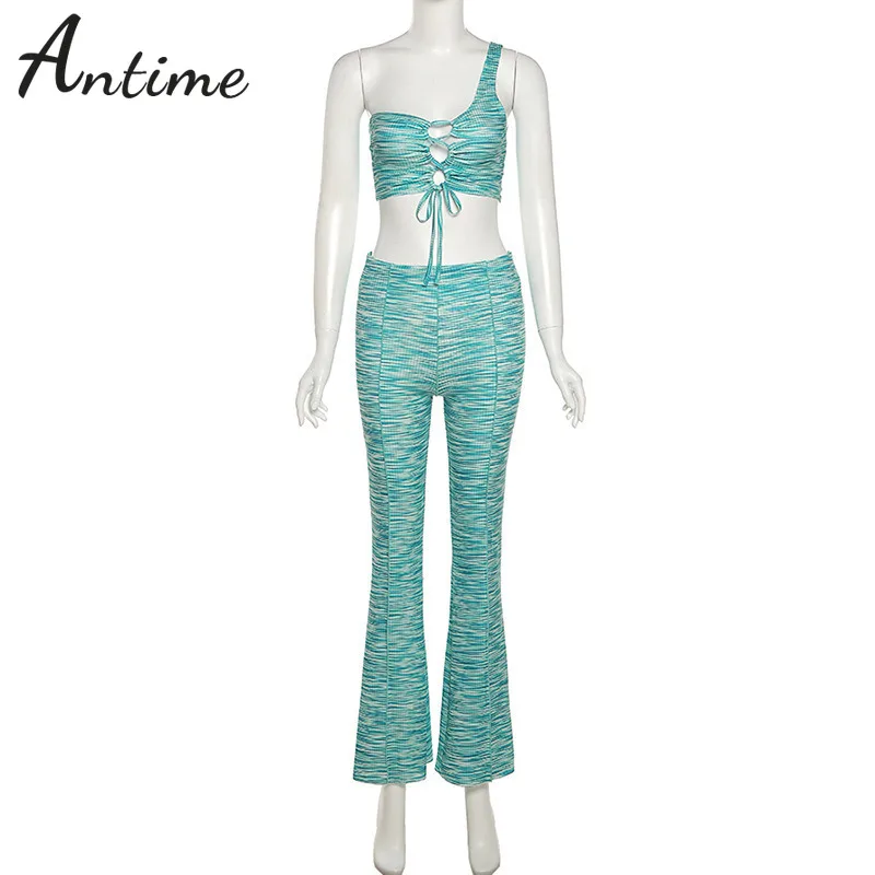

Antime Lace Up One Shoulder Crop Top And Slim Flares Streetwear 2021 Summer Blue Fashion Sexy Two Piece Sets Elegant Outfits