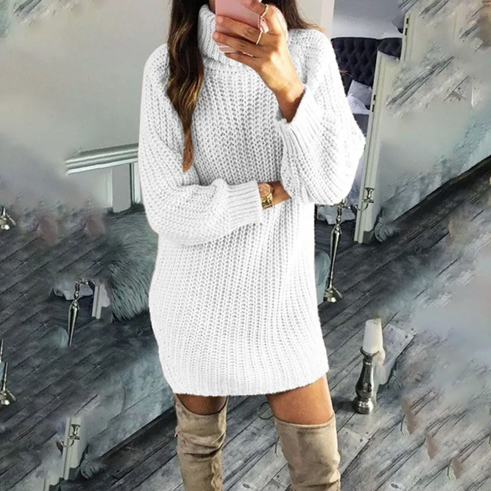 

Knitted Pullover Women Sweater Dress Autumn High Collar Warm Solide Color Long Sleeve Office Lady Hige Street Female Bodycon