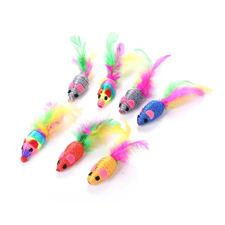 

Pet cat toy, mouse feather winding small with colorful tail new color random training supplies