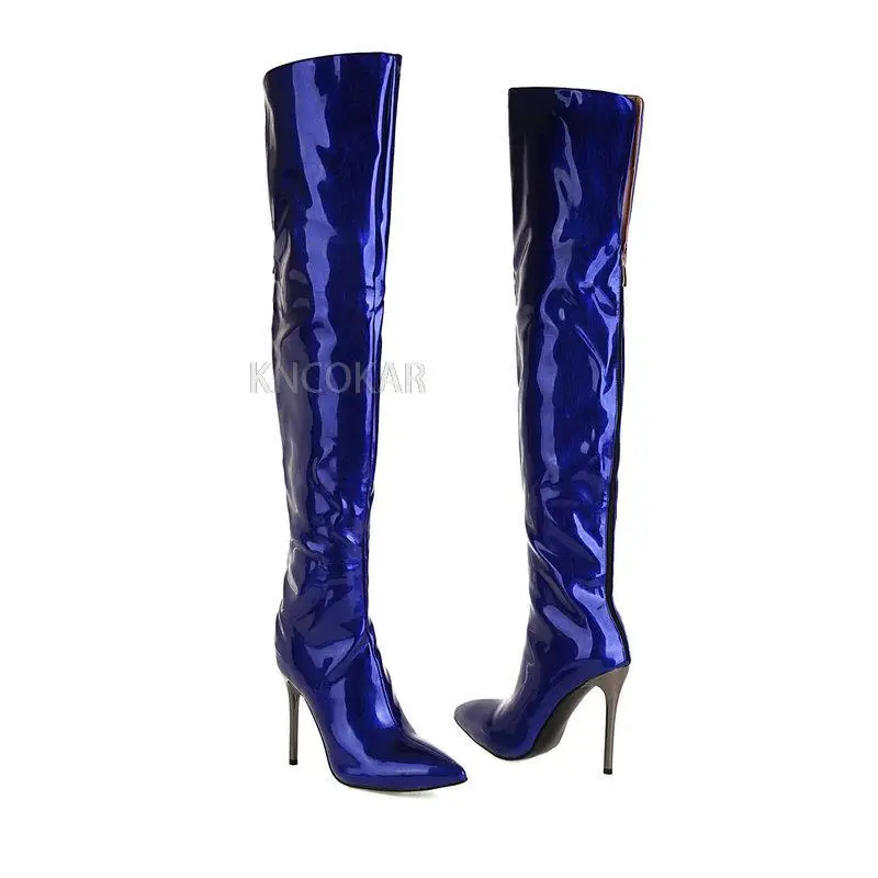 Shiny leather pointed toe stiletto super high heel over the knee boots long boots gold large size women's boots high boots