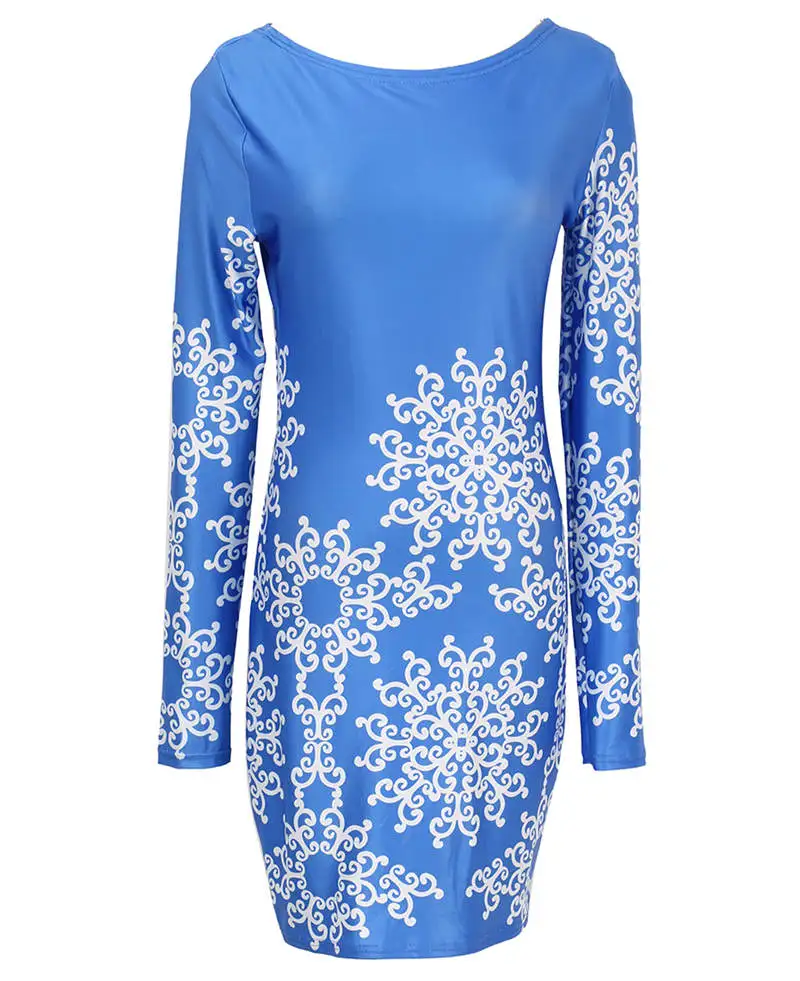 

Fashion Autumn Women Casual Dress Long Sleeve O-Neck Boho Printed Mini Dress
