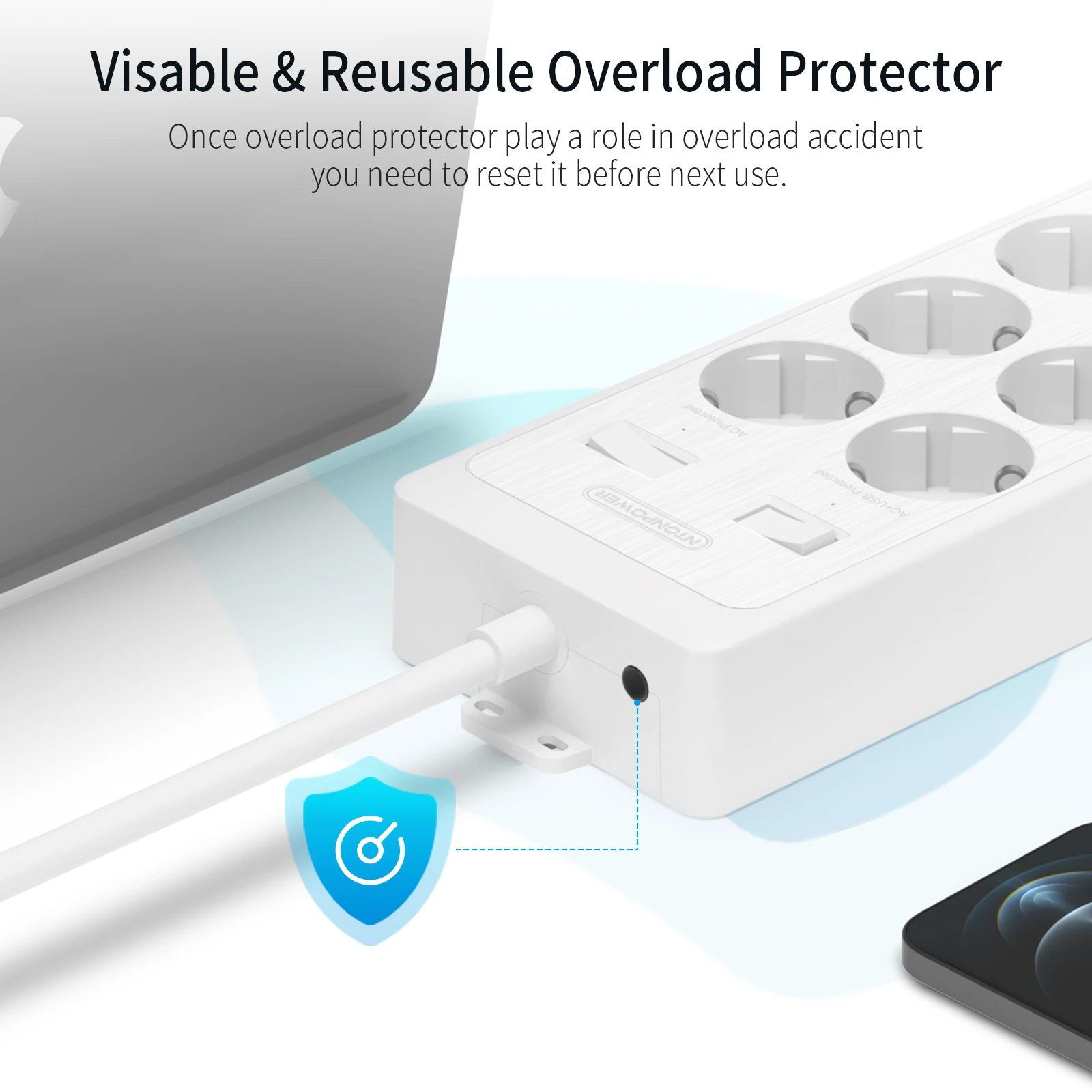 NTONPOWER Сетевой фильтр с возможностью монтажа на стену, с защитой от скачков напряжения 4000 Дж и 2 независимыми выключателями, дополнительные широкие розетки, белый.