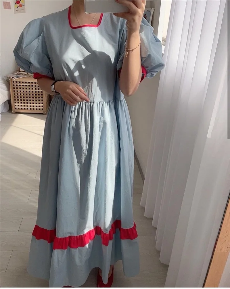 

One-Piece Korea A-Line Dress 2021 Summer Cute Big Swing Puff Sleeves Long Dress Vintage Kawaii Doll Square Collar Contrast Dress