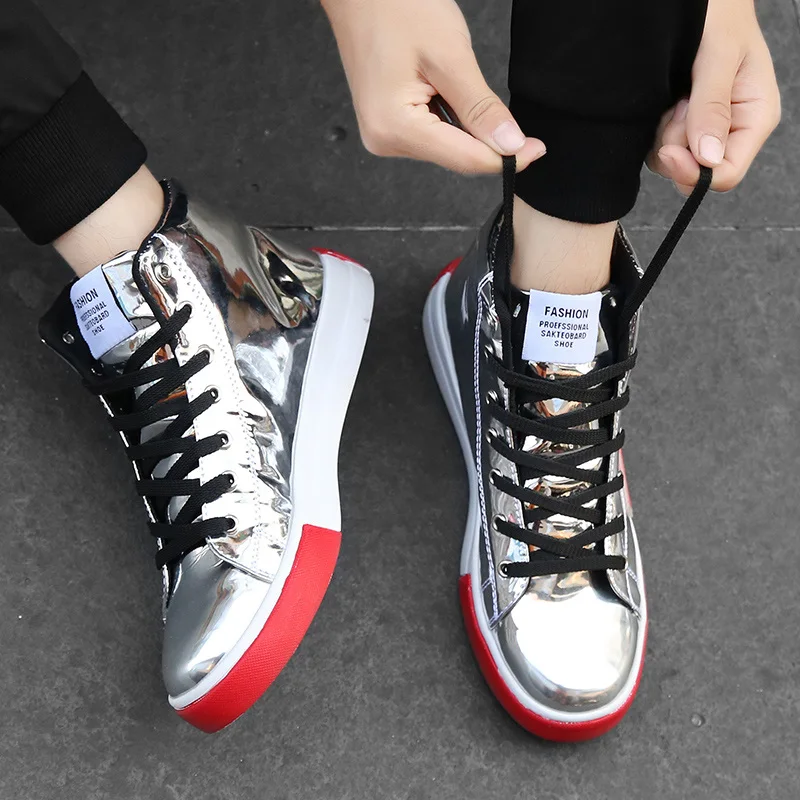 

X Brand Black High top Men Sneakers Fashion Glitter Shoes Size 46 Silver Shine Vamp High Autumn Shoes Men Casual chaussure homme