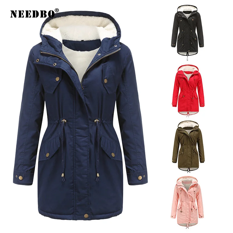 NEEDBO зимняя одежда Женское пальто одноцветное с капюшоном на завязках талии