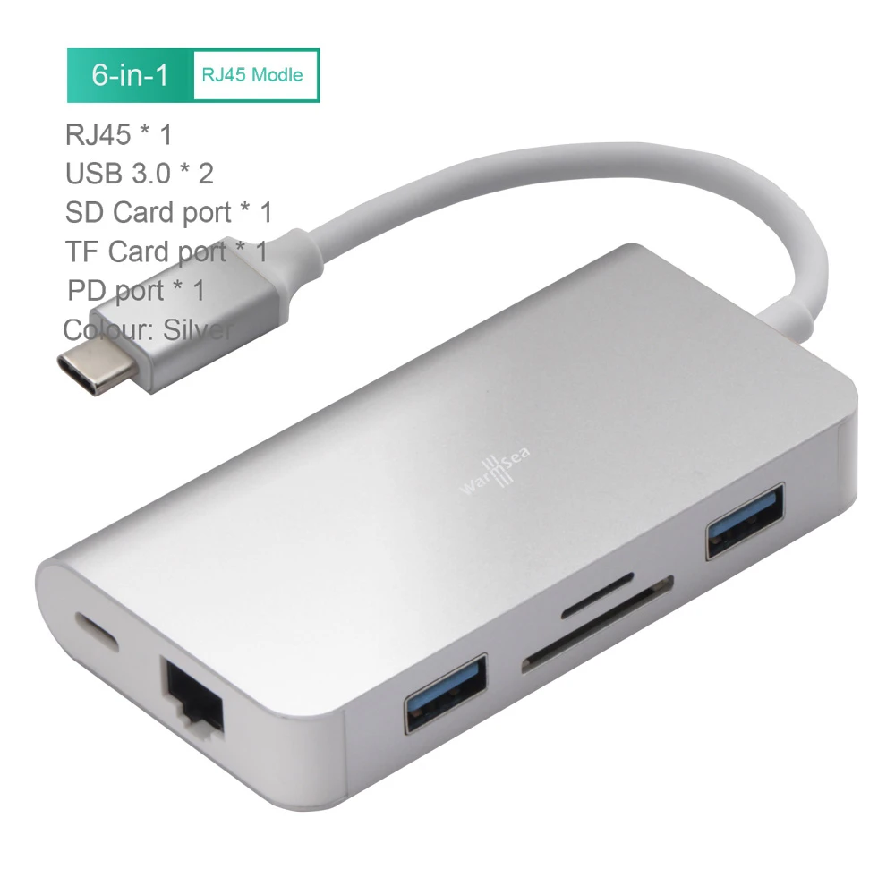 6IN1 Silver Концентратор USB Type C аудио с 4K HDMI RJ45 3,5 мм SD карта зарядная Dex станция для samsung Galaxy S8 S9 nintendo Switch MacBook Pro - Цвет: 6IN1 Silver